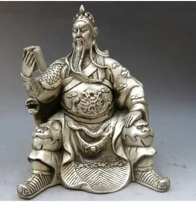 7 &quotКитай Серебро ручная работа резной дракон военные мудрецы Guan Yu скульптура