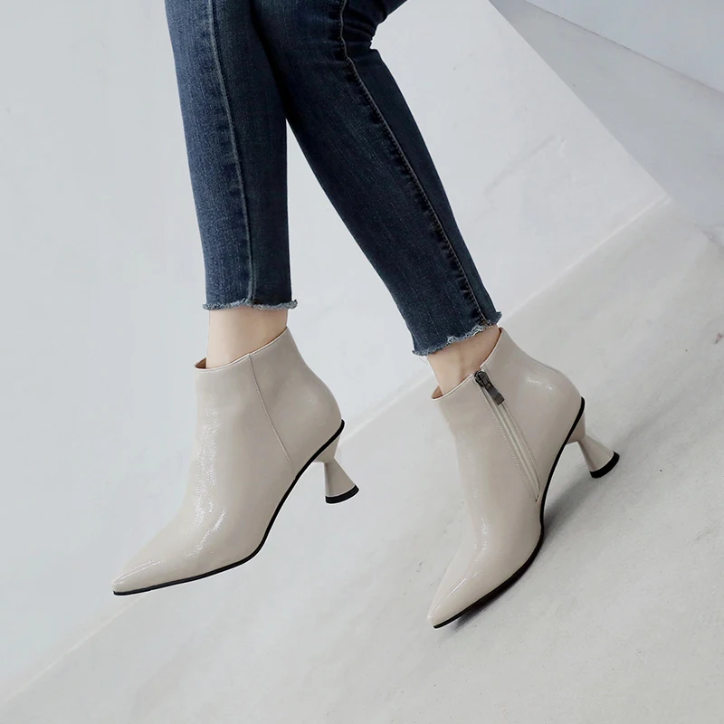 

MNIXUAN basic winter women shoes sexy pointed toe microfiber strange style heels ankle boots with zipper short boots plus size42