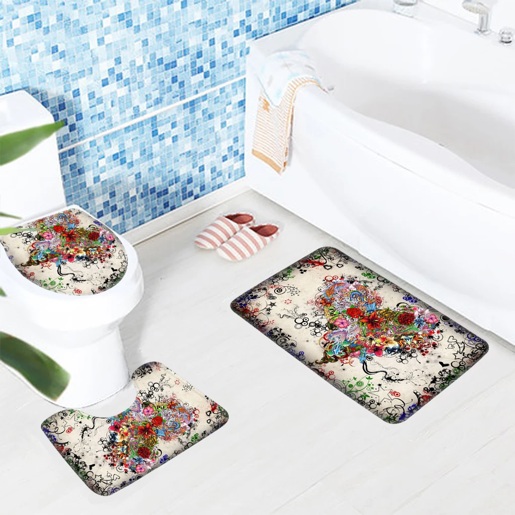3pcs Bathroom Mat Set Happy Valentines Day Flower Heart Pattern Bath Non Slip Shower and Toilet Sets | Дом и сад