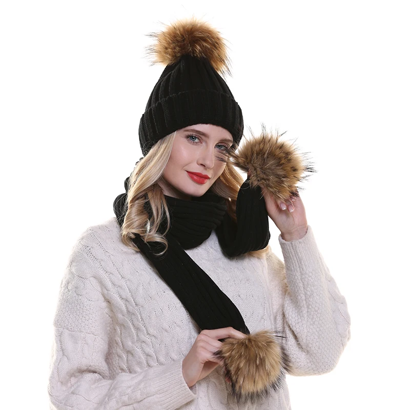 

2019 New Real Mink Fur Pompom Hat Women Winter Hat And Scarf Set Warm Knitted Cotton Beanies For Ladies Girls Beanie Cap
