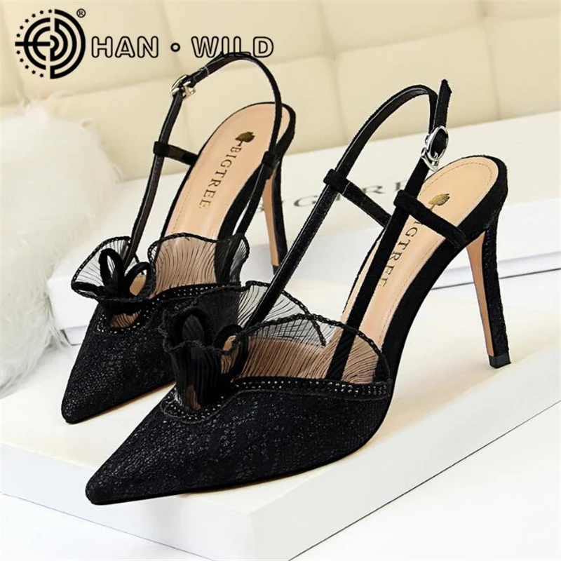 Женские туфли 2019 Эспадрильи на высоком каблуке кружевные свадебные с острым