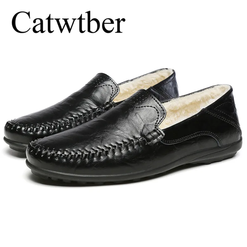 Catwtber New Winter Fashion Men Casual Loafers Driving Shoes Man Comfortable Lace-up Shoe Male Outdoor Warm With Fur Plush | Обувь
