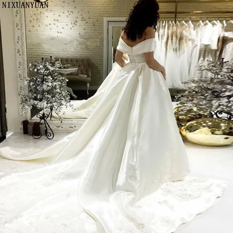 Luxury Sexy Lace Off The Shoulder Satin Wedding Dresses A-line Gown Short Sleeve Robe De Mariage 2021 Vestido Noiva | Свадьбы и