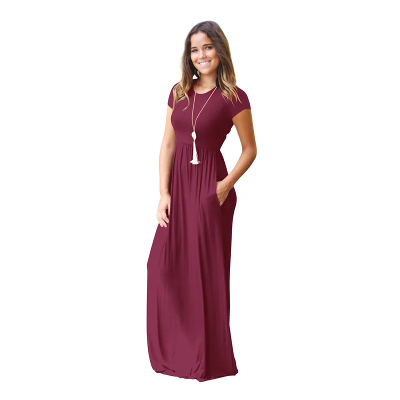 XYLXJQ Summer Long Maxi Dress New Short Sleeve Solid Casual Women Dresses XXL Plus Size 2XL Pockets Robe Femme Vistidos JB127 | Женская
