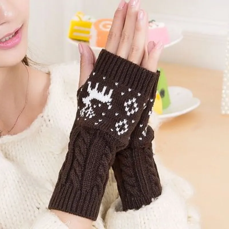 Рождественские перчатки 2020 зимние вязаные теплые варежки без пальцев руки белые