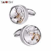 savoyshi mechanical watch movement cufflinks for mens shirt cuff button high quality silver color round cuff link brand jewelry