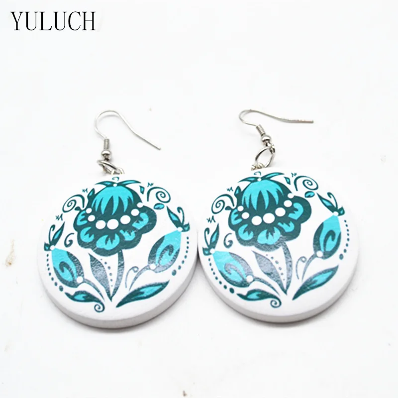 Женские круглые серьги YULUCH белые деревянные ручной работы с принтом модный