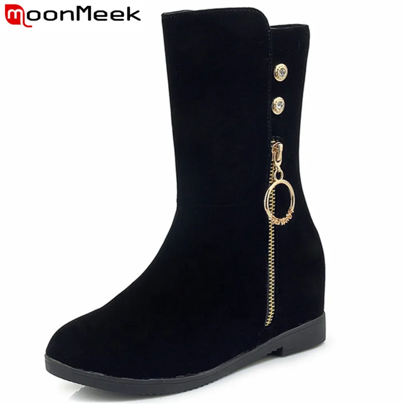 MoonMeek/черные модные ботинки Осень зима женские ботильоны на молнии с круглым
