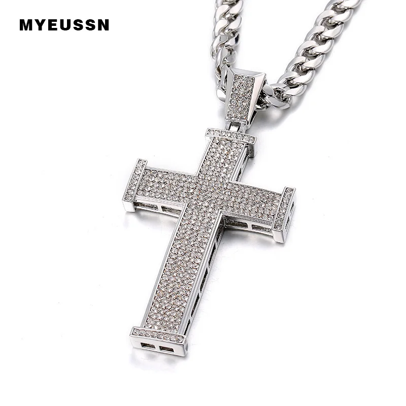 Iced Out Сияющий Кристалл крест кулон золото/серебро мужчины модное ожерелье в форме Креста цепи мужчины Рэппер Куба ожерелье