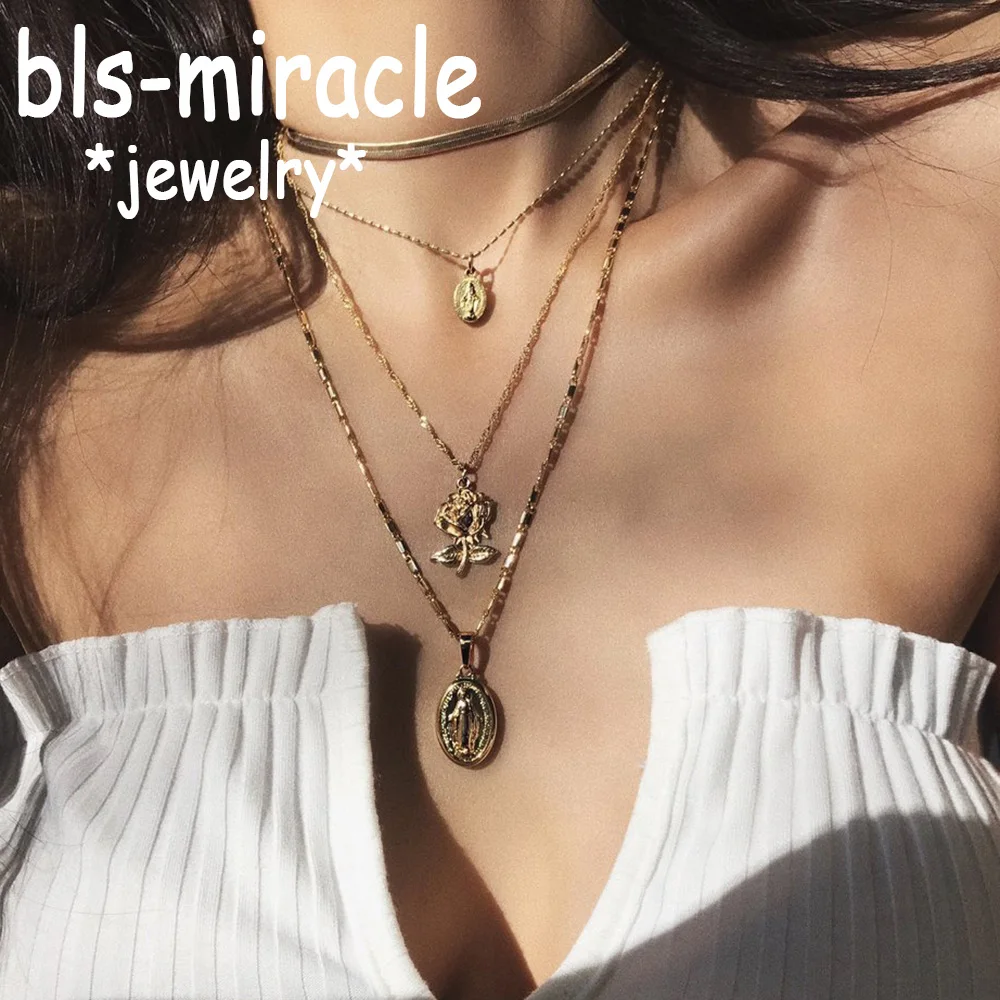 Bls miracle многослойное ожерелье с кулоном Mary набор для женщин цветок капля змеиная
