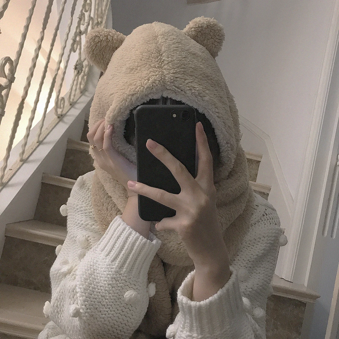Японский женский шарф Kawaii Bear, теплый зимний мягкий плюшевый шарф с капюшоном, шапка, шарфы Skullies, хороший подарок для женщин и девочек