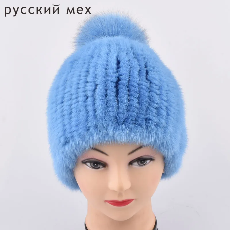 Genuine Mink Fur pom poms Caps Women  Knitted Mink Fur Hats With Fur Flower Women Real Fur  Beanies Hats Winter