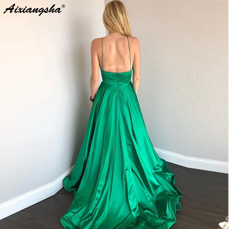 

Emerald Long Sexy Satin Prom Dresses Spaghetti Straps Evening Gowns with Pockets A Line Backless Dress robe de soiree