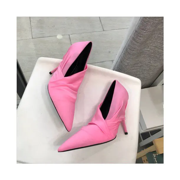 Pink Подиумные стильные шелковые туфли на тонком высоком каблуке разноцветные свадебные туфли с острым носком без шнуровки женские туфли на шпильках, весна - Цвет: Pink