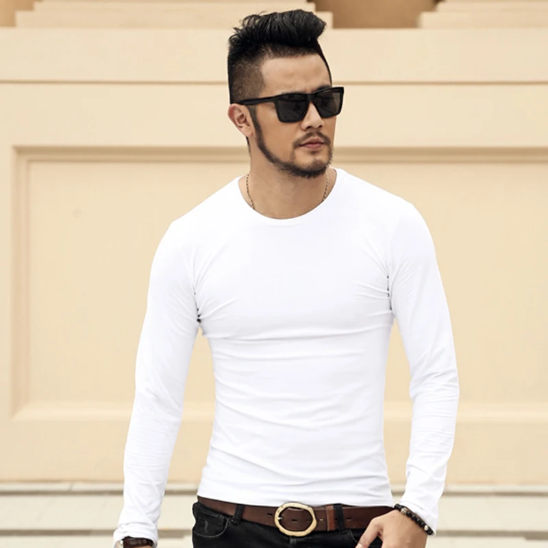 Мужская Однотонная футболка с круглым вырезом длинным рукавом | одежда
