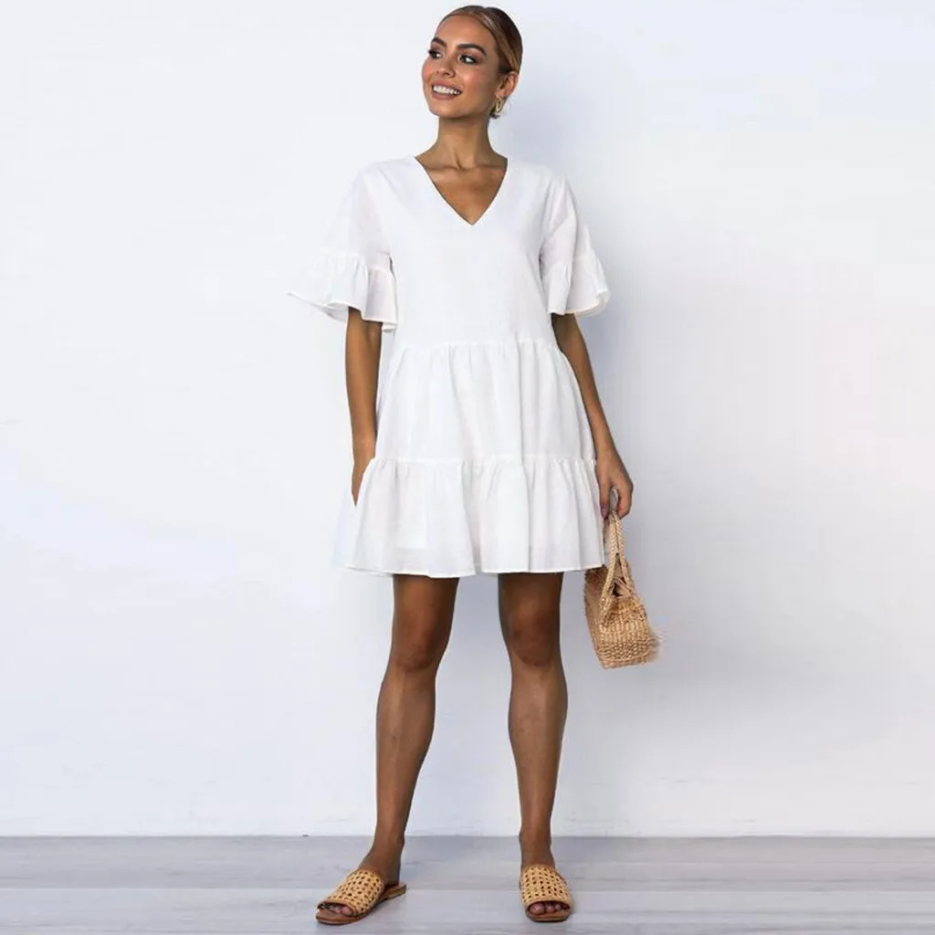 Однотонное простое свободное платье с V образным вырезом летнее повседневное