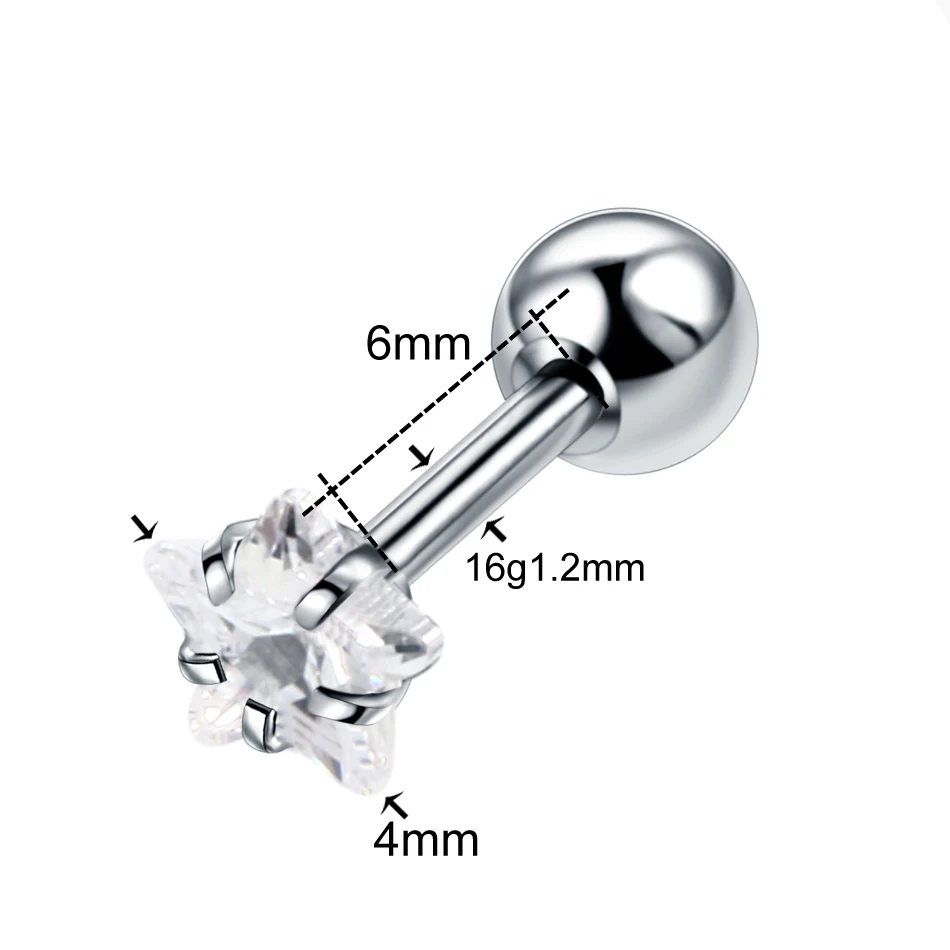 Star 1.2x6x3x4mm 1 шт. сталь 16 г CZ драгоценный камень раковины Lobe штанга для женщин Кристалл Циркон Хрящ уха Бар трагус спираль серьги гвоздики пирсинг тела ювелирные изделия - Окраска металла: Star 1.2x6x3x4mm