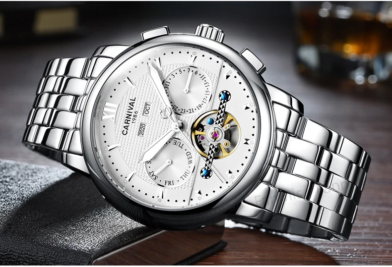Карнавал полые механические часы Для мужчин Tourbillon Day Date Водонепроницаемый
