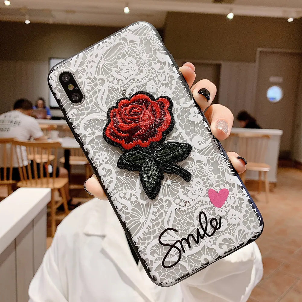 Ретро 3D Роза вышивка наручный ремешок телефонные чехлы для iPhone X XR XS Max кружева