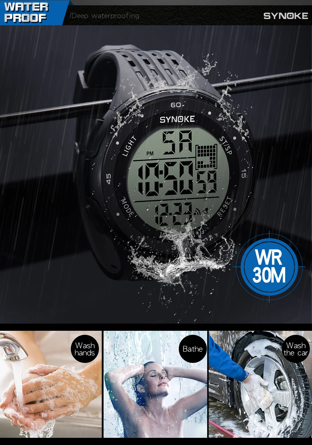 SYNOKE Men Digital Watch Sports Brand Waterproof Luminous Wristwatches Shockproof Large Dial Electronic Male Wrist Clock Men