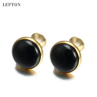 low key luxury black onyx cufflinks for mens business lepton high quality gold color round onyx stone cuff links relojes gemelos