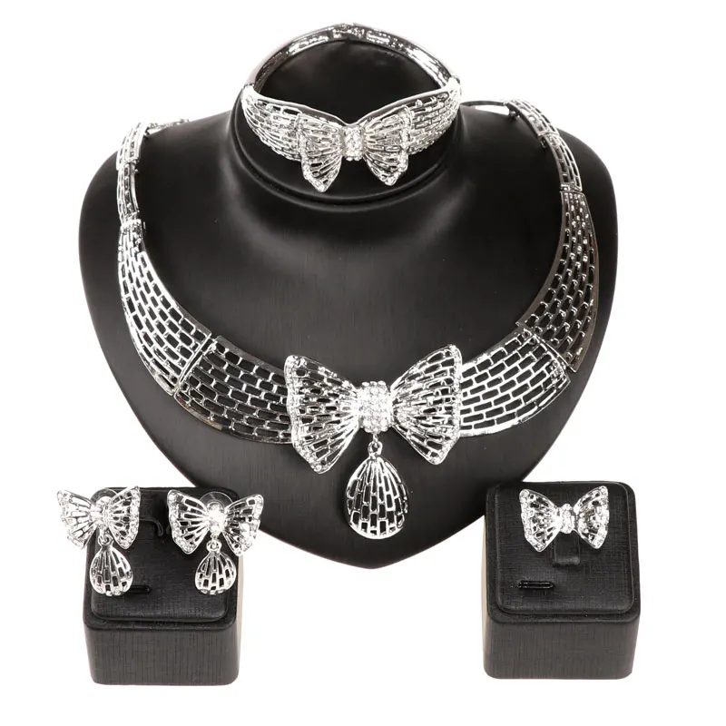 Fashion Silver Plated Jewelry Sets For Women Crystal Butterfly Pendant Necklace Earring Jewellery Set Bridal Wedding Accessories | Украшения