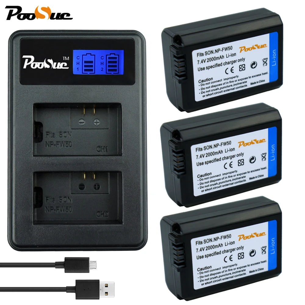 3 аккумулятора для фотоаппарата + NP FW50 LCD USB зарядное устройство Sony a37 a6000|np-fw50 battery|np