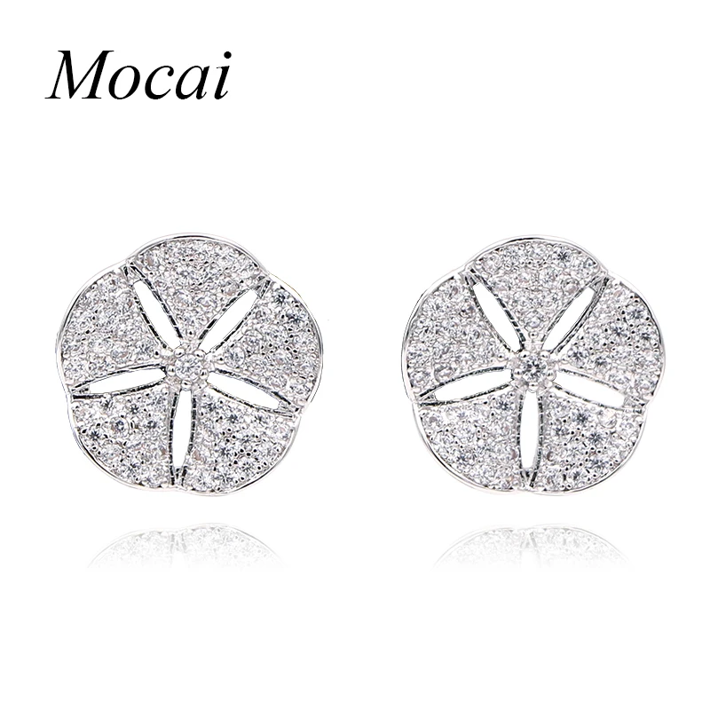 Женские круглые серьги-гвоздики с цветком роскошные прозрачным цирконием