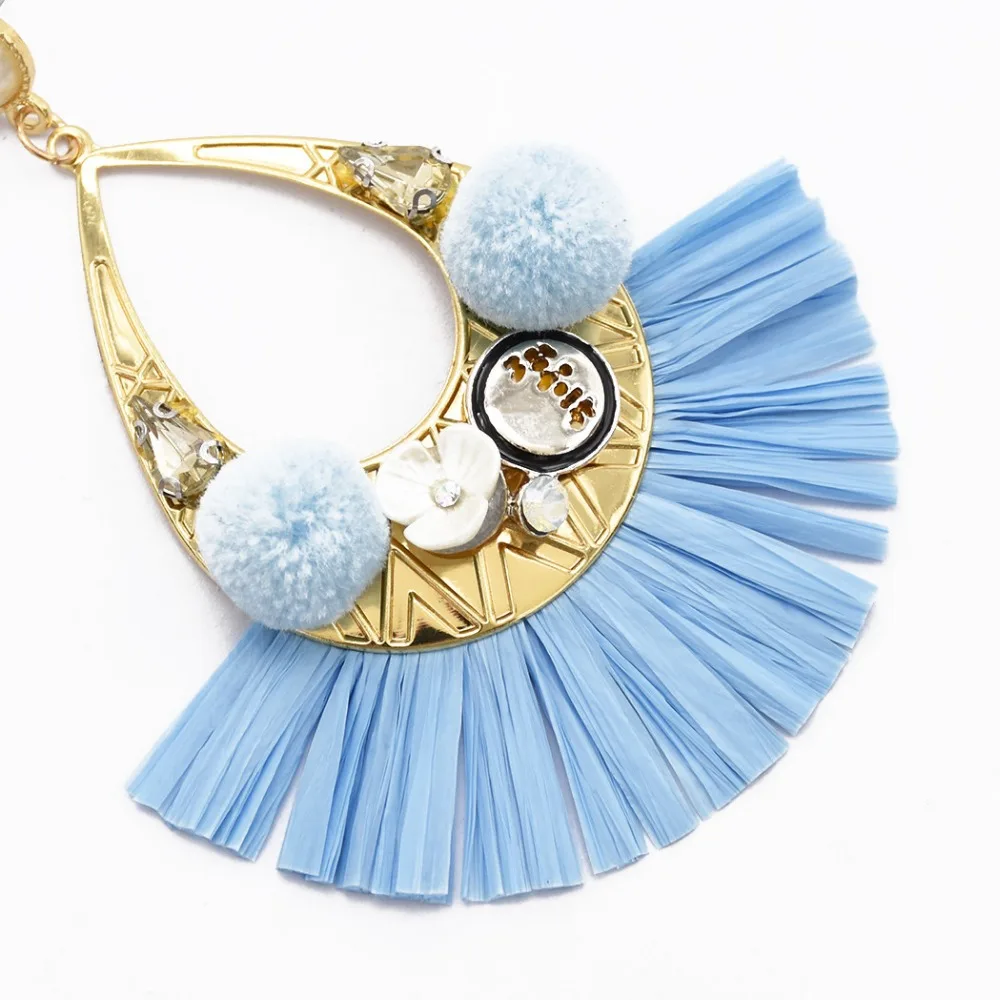 6 Colors Cute Flower Shape Pom Ball Raffia Drop Earrings Unique Plastic Tassel Dangle Women Party Fashion Jewelry | Украшения и