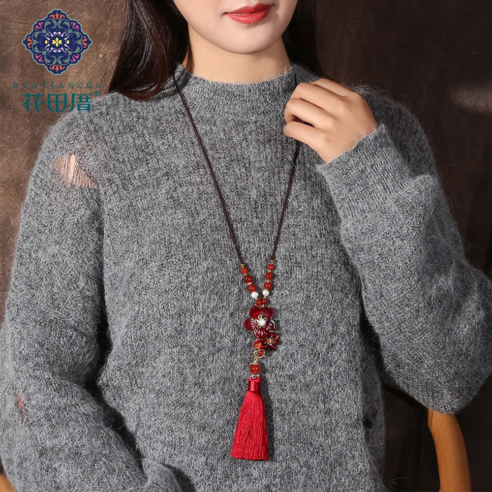 Этнические красные ожерелья с подвеской в виде цветка лэмпворк ручной работы для