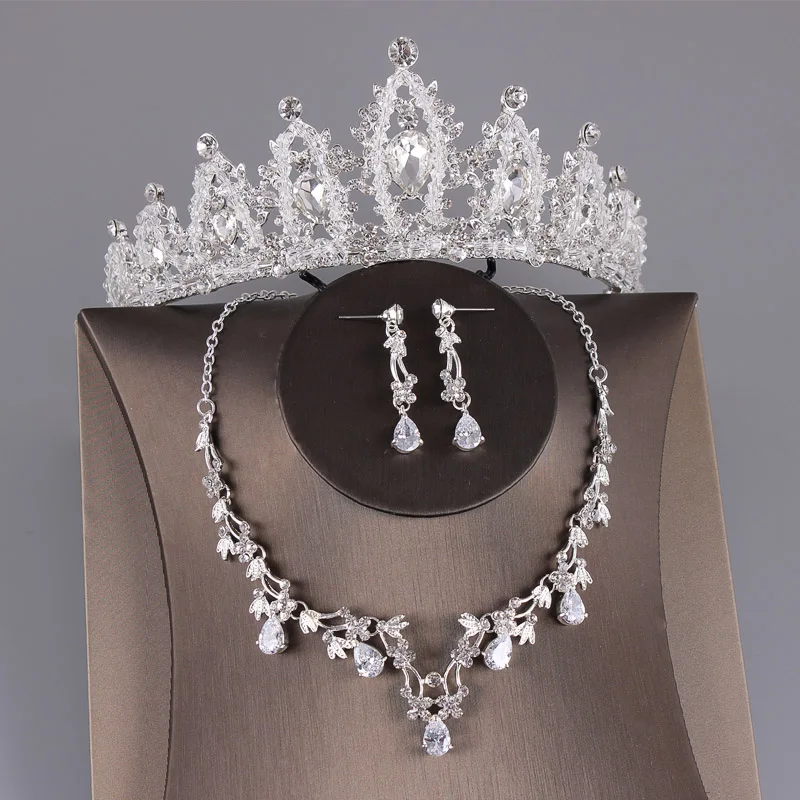 Tiara Necklace Pin Свадебные Ювелирные наборы серьги и ожерелье набор для женщин невесты кристалл корона тиара, свадебное головное украшение серебряные аксессуары для волос - Окраска металла: Tiara Necklace Pin