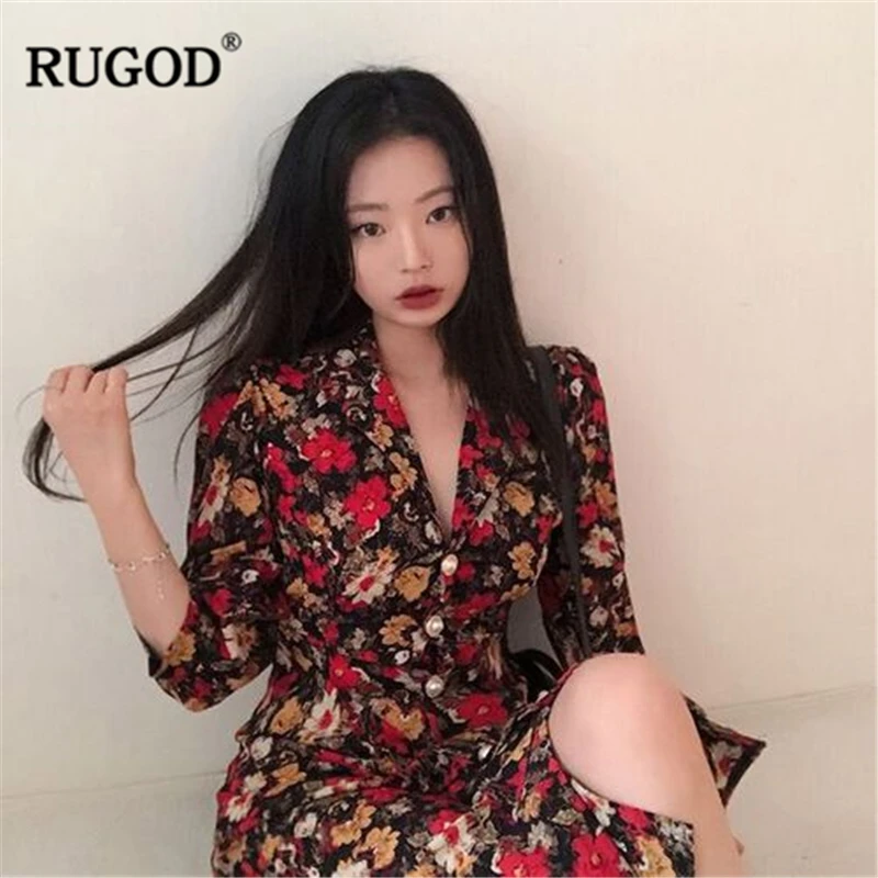 Женское платье с цветочным принтом RUGOD винтажное однобортное треугольным