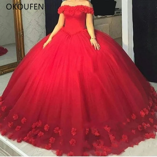 Красное бальное платье Quinceanera 2021 Пышное Платье с 3D цветами милое Тюлевое для