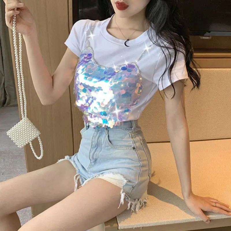 2019 summer new short-sleeved round neck female embroidery sequined  fake two-piece stitching slim sexy bottoming t-shir
