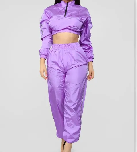 purple Sfit Женский комплект из 2 предметов, укороченная куртка и спортивные костюмы для бега, повседневный свитшот и спортивные штаны для бега, спортивный костюм на молнии, комплекты - Цвет: purple