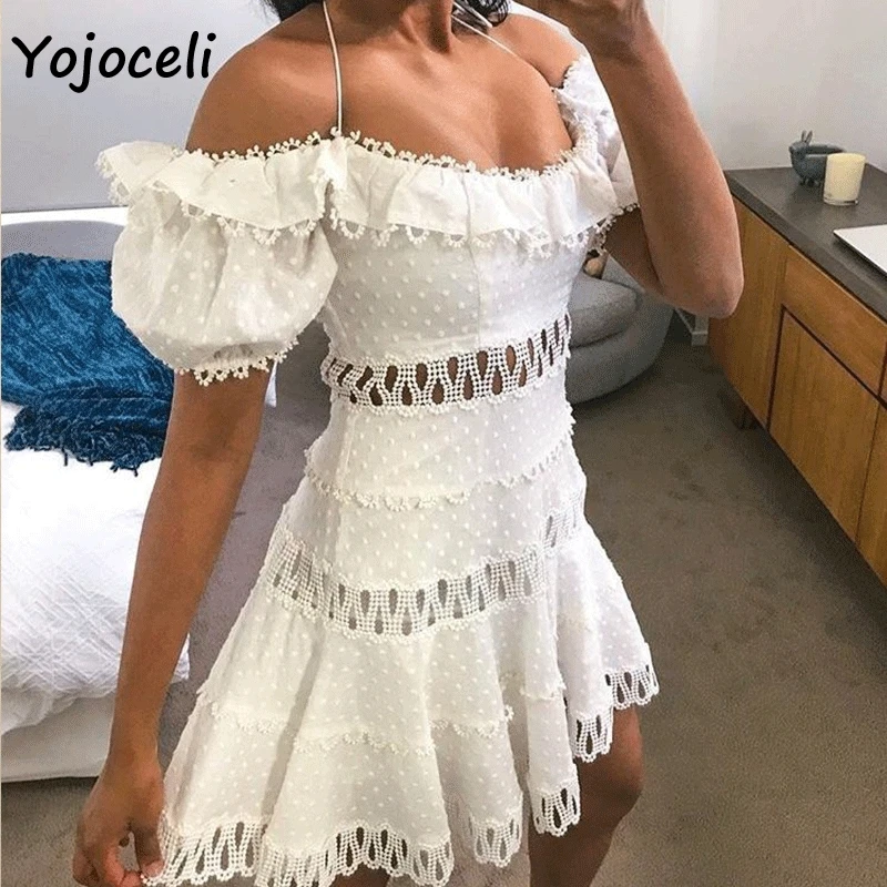 Женское жаккардовое кружевное платье Yojoceli ажурное мини с открытыми плечами