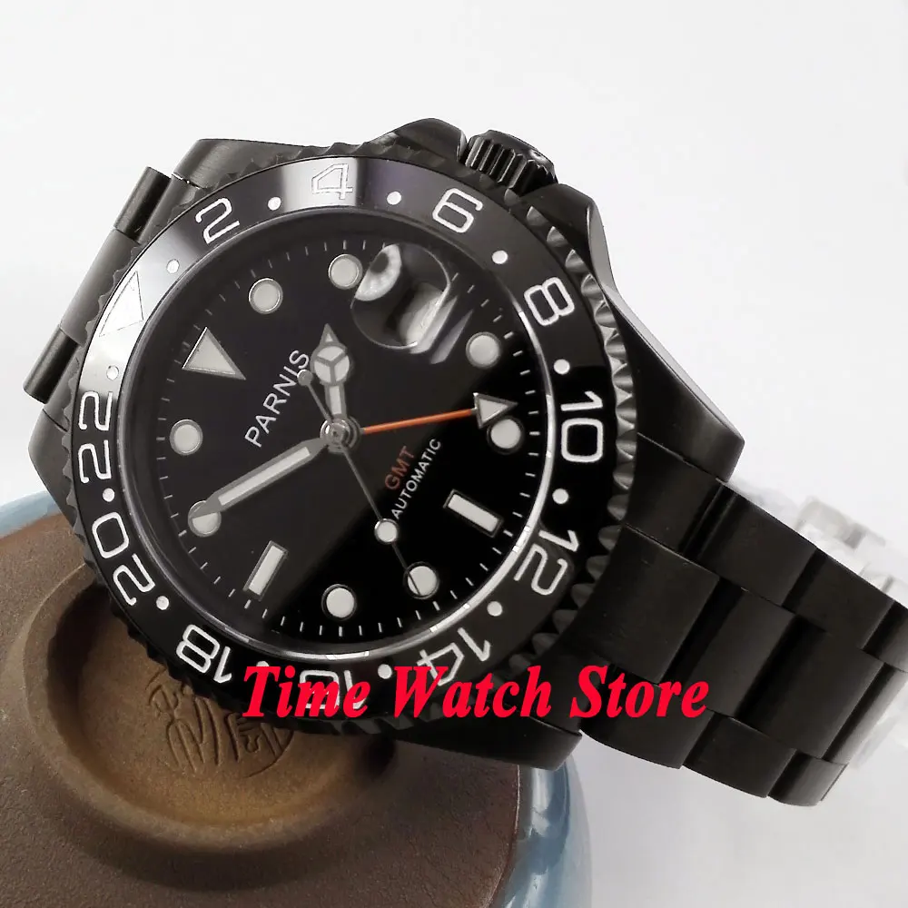 Мужские автоматические часы 40 мм parnis GMT pvd чехол с сапфировым стеклом и черным