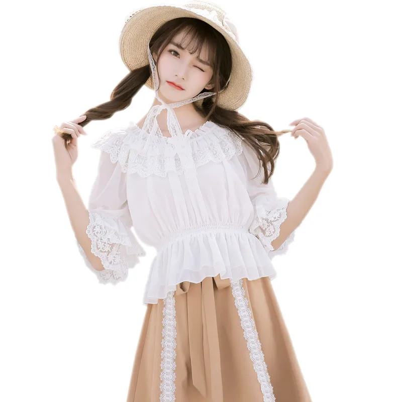 

Summer Women Chiffon Blouse Top Lace Hollow Out Ruffle Lolita Blouse Female Butterfly Half Sleeve Chiffon Shirts V387