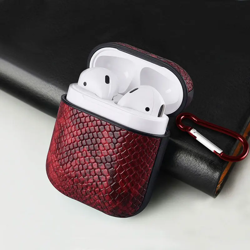 Red VETOMEET роскошные змеиной кожи Bluetooth беспроводной Чехол для наушников для Apple Airpods зарядное устройство крышка Крюк дизайн ультра тонкий - Цвет: Red