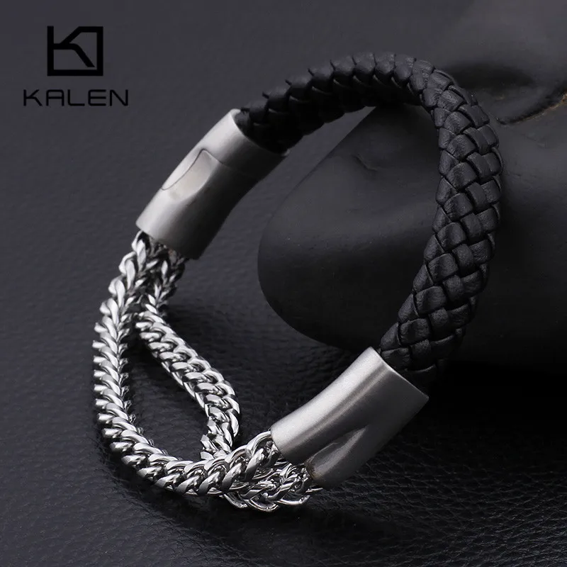 KALEN, 22 см, нержавеющая сталь, двойной слой, серебряная цепочка, браслет для мужчин, Ретро стиль, тканые кожаные браслеты, мужские ювелирные изделия