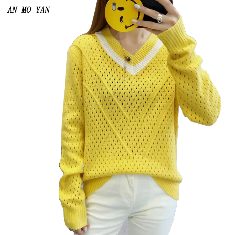 Yellow Women's Knitted Sweater Spring Autumn Thin Striped Harajuku Fashion Hollow Slim Stretch Clothing Female Casual Style Tops | Женская