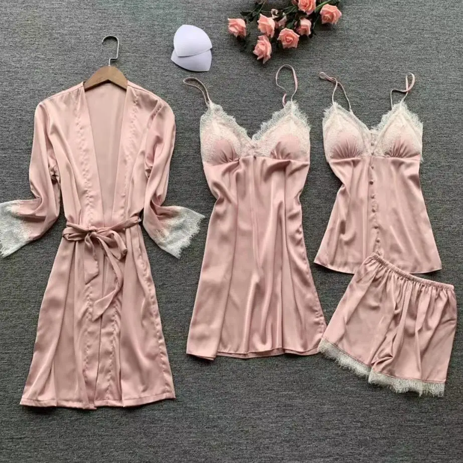 Комплект пижамный женский атласный из 4 предметов шелковая одежда для сна