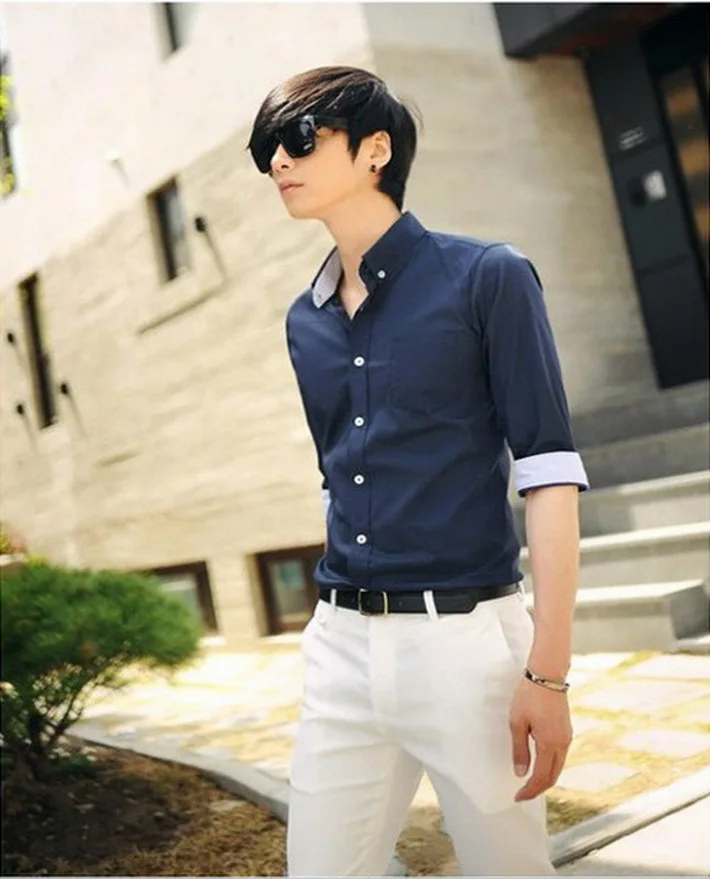 2014 Men Jeans Shirt Slim Brand Fashion Stylish Dress Mens Half Sleeve Shirts Patchwork Gentleman Cardigans 3Colors AX7 | Мужская одежда