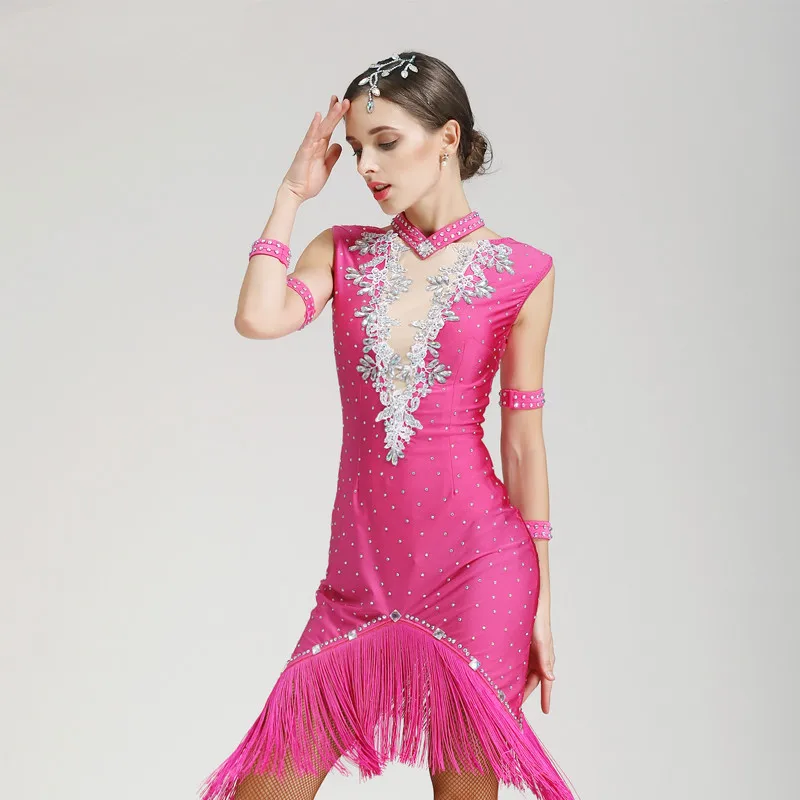 Женское сексуальное платье с блестками для латинских танцев кисточками и одежда
