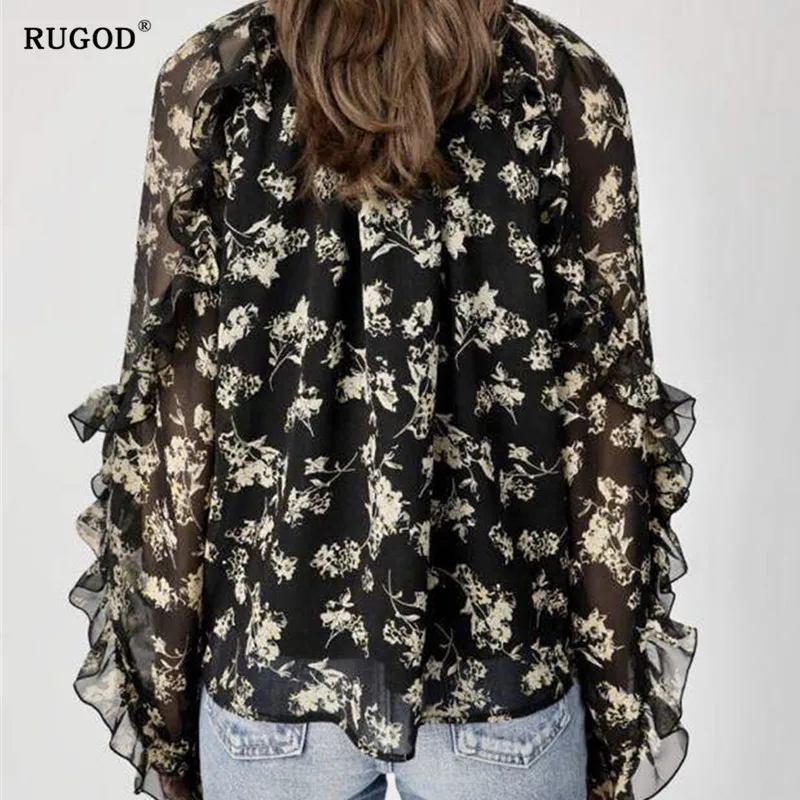 

RUGOD Ruffled pleated floral womens tops and blouses Korean long sleeve O neck camisas mujer