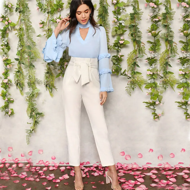 SHEIN Брюки С Поясом И Высокой Талией Женские Элегантные Брюки Для Офиса С Высокой Талией