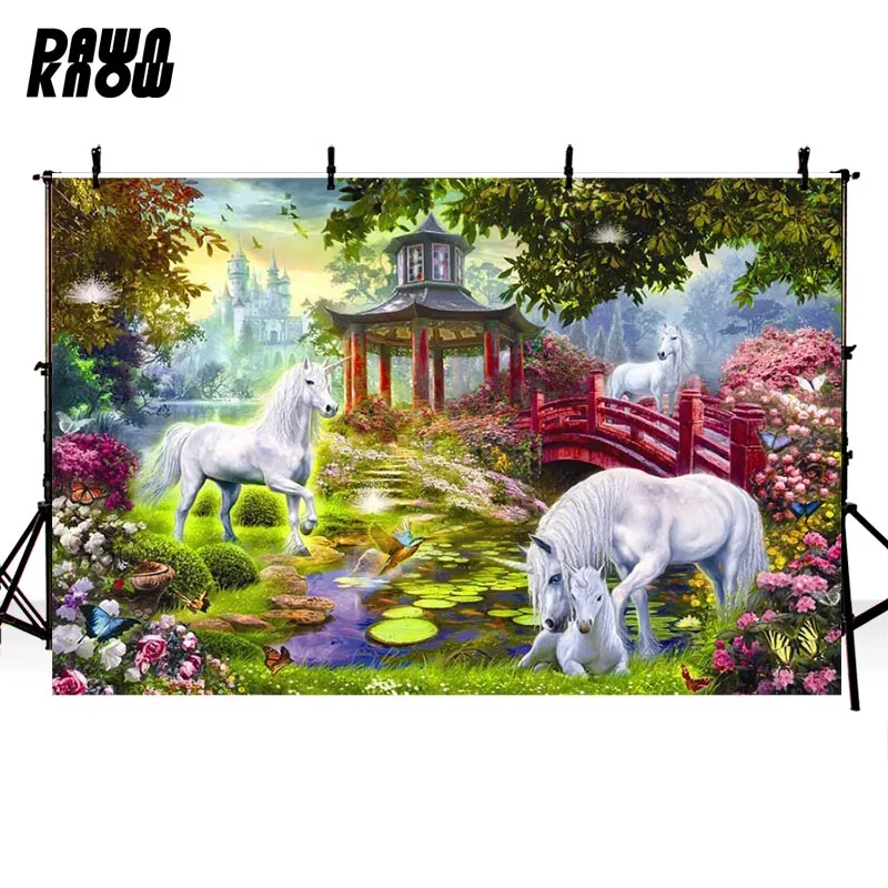 

DAWNKNOW Fairy Tale Unicorn Photography Background For Children Fantasy Garden Castle Customize Backdrop For Photo Booth G543