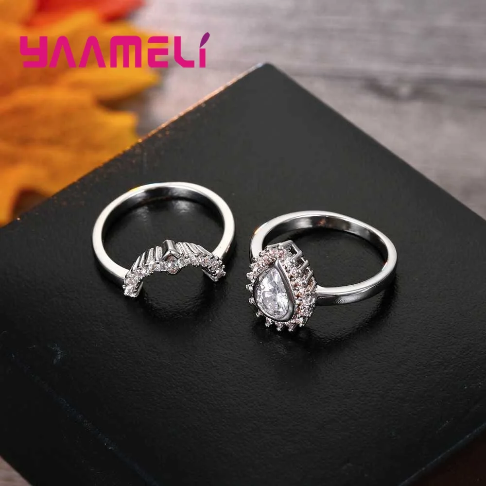 

Exquisite Love Design Blue Water Drop CZ Ring Set Color White Crystal Paved Rings for Women