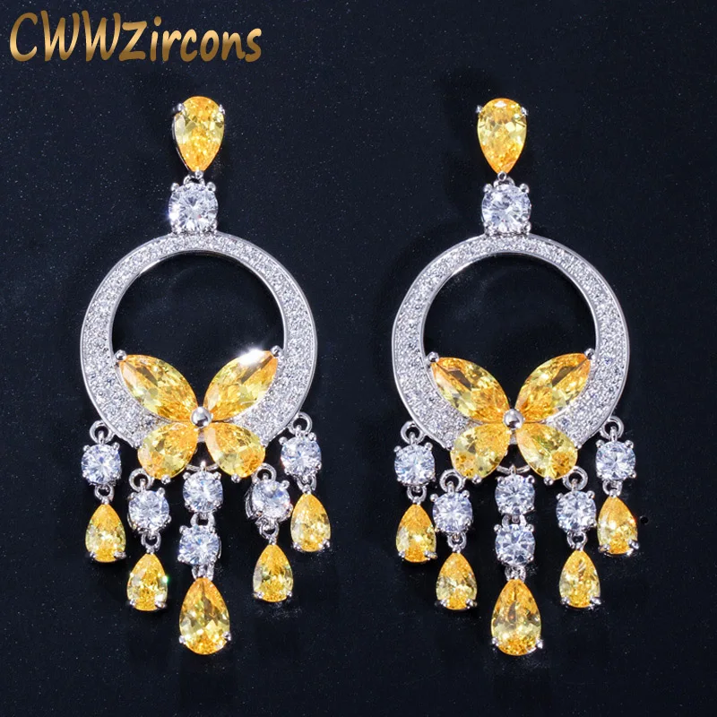 CWWZircons качественные длинные большие серьги с фианитами, желтые кристаллы, висячие серьги с кисточками для женщин, модные яркие свадебные юве...