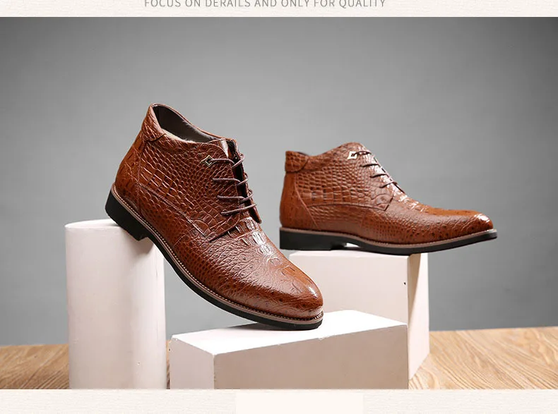 Очень теплые мужские зимние ботинки; мужские ботильоны с толстым мехом и узором «крокодиловая кожа»; модная мужская деловая офисная официальная кожаная обувь